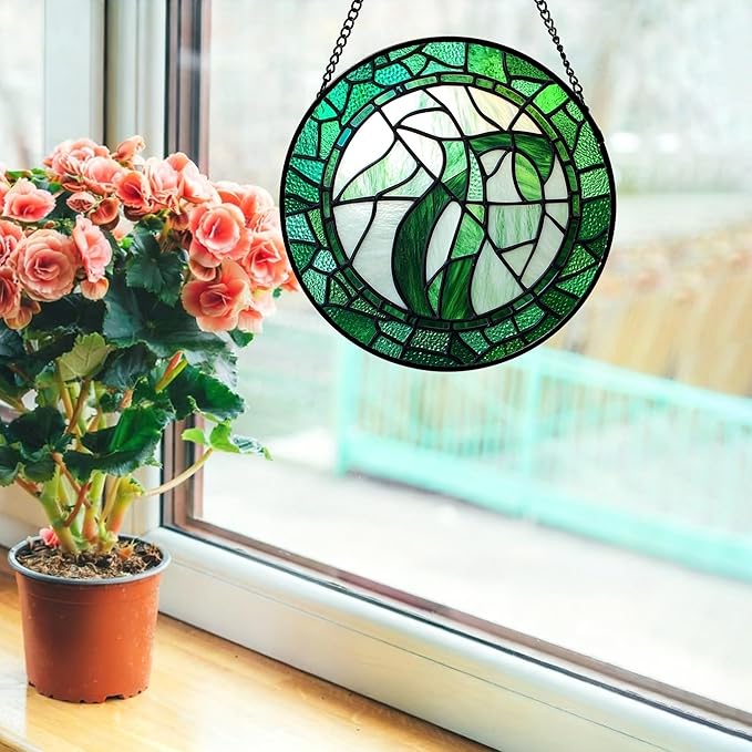 QZQCBLC Stained Glass Window Hanging Abstract Green Plants Large 11.8" - Suncatcher Door Garden Sun Catcher Home Ireland Decor Birthday Mother's St Patrick's Day Gifts for Mom Men Woman Wife Friends