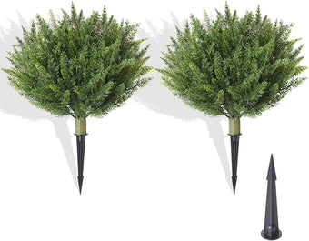 15.7" Christmas Fake Shrubs, Artificial Cedar Ball Tree Plant, 2 Packs of Fake Cedar Outdoor shrubs with Ground Spike, UV Resistant Fake shrubs, Used for Indoor and Outdoor Front Porch Gardens