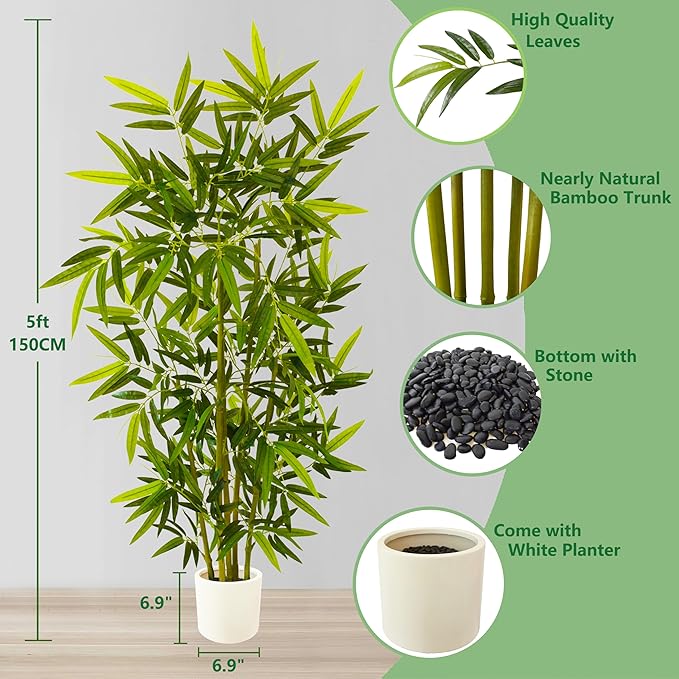 Artificial Bamboo Tree, 5ft Tall Fake Bamboo Plant with White Planter, Faux Trees with 5 Trunks and Lifelike Leaves for Indoor Outdoor Home Office Décor