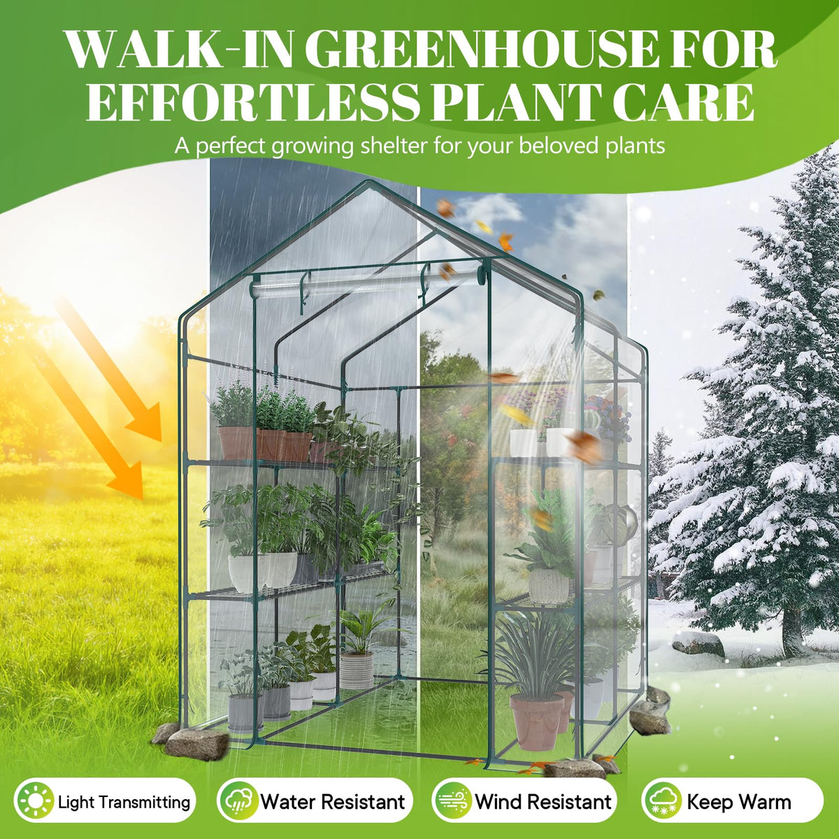 Sweetcrispy 56"x56"x77" Outdoor Greenhouse, with 2 Tier 8 Plant Shelves