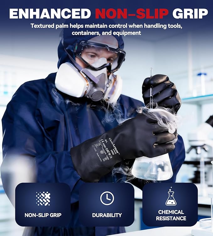 2 Pairs Heavy-Duty Chemical Resistant Rubber Gloves, Protective Industrial Gloves for Cleaning, Dishwashing, Resist Acid, Alkali, Hazmat, Black, Large