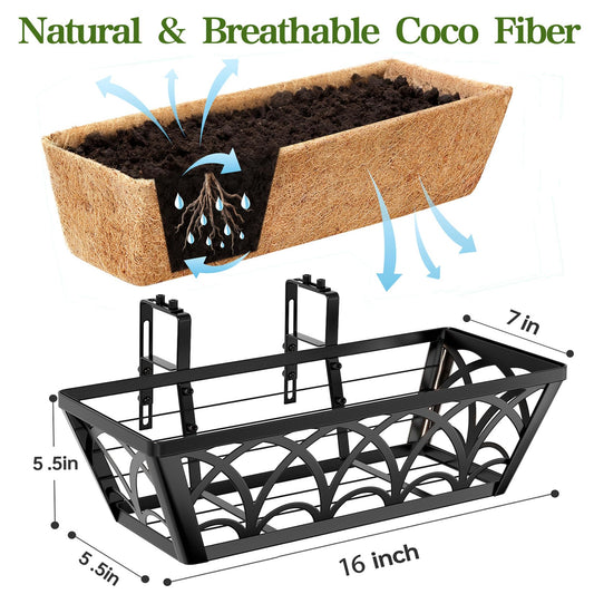 16 Inch Railing Planter Box Window Boxes Planters - 4 Pack Deck Railing Planter Boxes with Adjustable Brackets Coco Liners Balcony Planters Railing Hanging for Window Flower Boxes Outdoor Garden Decor