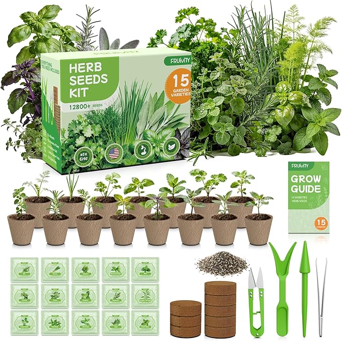 15 Herb Indoor Garden Kit Starter - Fruivity 12800+ Non-GMO Seeds with Genovese Basil, Mint, Parsley - Complete Windowsill Planter Set for Fresh Herbs, Unique Gift for Home Chefs, Women & Family