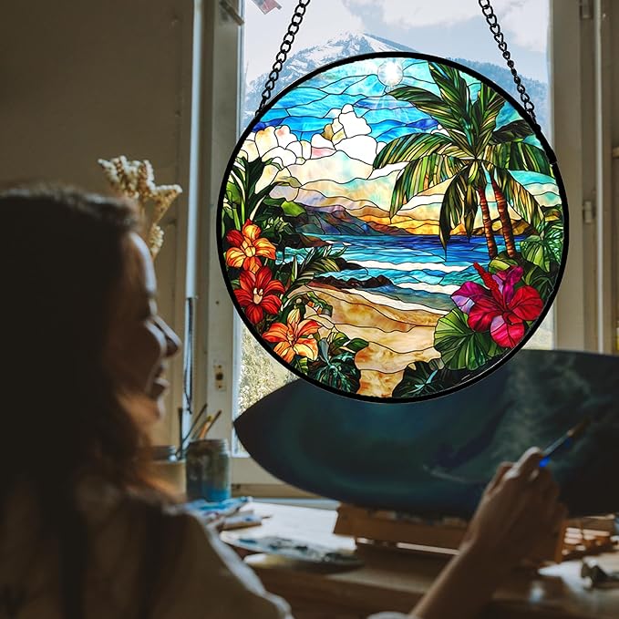 Stained Glass Window Hanging, Blue Beach Scenery Suncatcher Diamond Glass Panel Hangings Sun Catchers Decor for Birthday for Women, Men, Wife, Aunt, and Mom 14.9x14.9 in