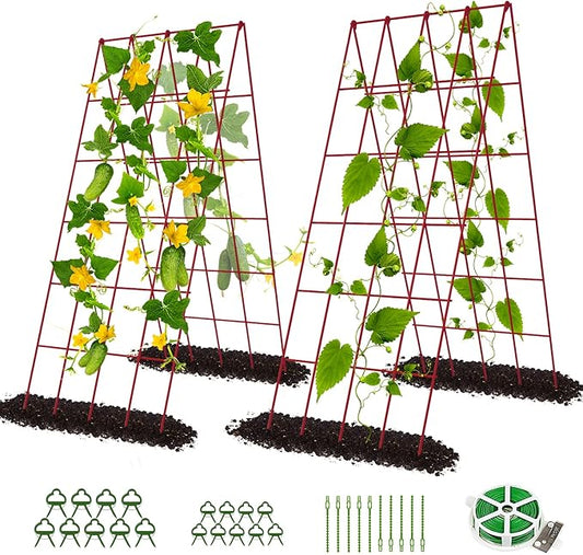 DoCred Cucumber Trellis, 2 Pack Foldable A Frame Trellis for Raised Bed Climbing Plants, Vegetables, Includes Plant Support Clips, Twist Ties, Plastic Ties- Made from PVC-Coated Steel
