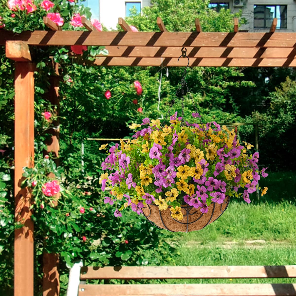 Artificial Hanging Flowers Basket for Outdoor, UV Resistant Plants Daisy