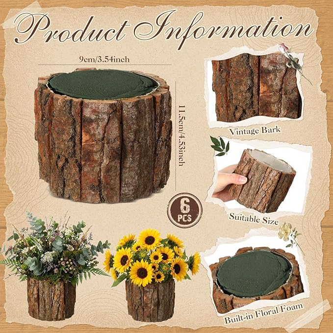 6 Set Wooden Vase for Centerpieces Wooden Flower Vase with Flower Mud Rustic Bark Stump Buckets Vintage Wood Planter Pots for Woodland Party Wedding Window Home Farmhouse Table Decor