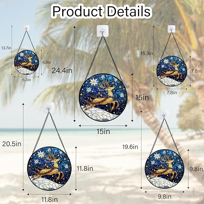 HWRHTR Stained Glass Window Hanging - Reindeer Blue Starry Sky Suncatcher for Doors Home Christmas Decoration Winter Sun Catcher Thanksgiving New Year Birthday Gifts for Women Men Mom Nana 11.8 in