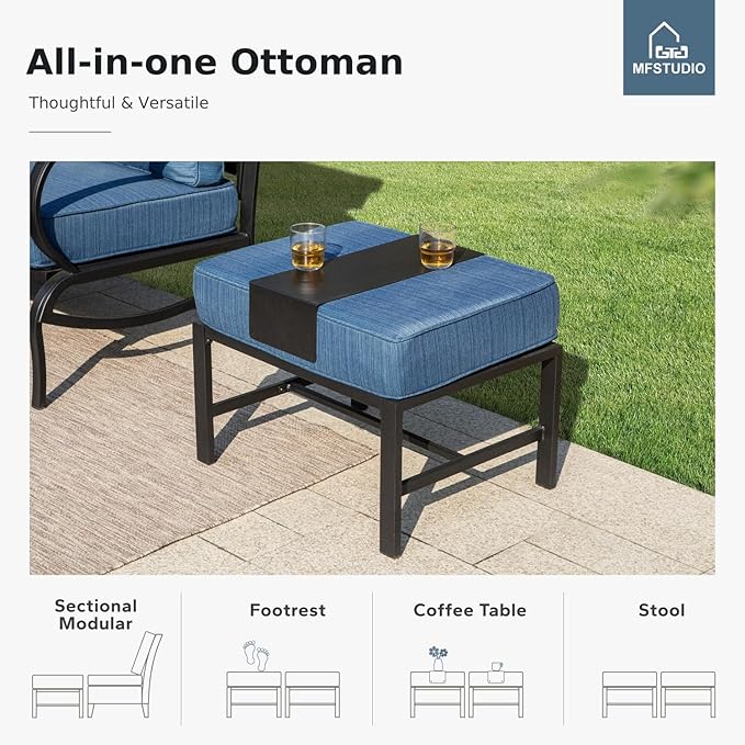 MFSTUDIO 5 Pieces Patio Conversation Sets,Outdoor Metal Furniture Sofas with 1 x 3-Seat Sofa, 2 x Swivel Chairs,2 x Ottoman,Wrought Iron Frame with Peacock Blue Cushion for Patio Courtyard Balcony