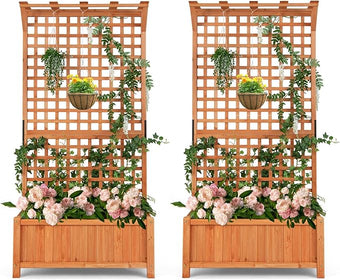 S AFSTAR Planter with Trellis Set of 2, 35.5x17.5x72.5 inch Wood Planter Box with Lattice Trellis & Hanging Roof, Removable Base, Plant Box for Climbing Plant Flower Rose Grape Cucumber
