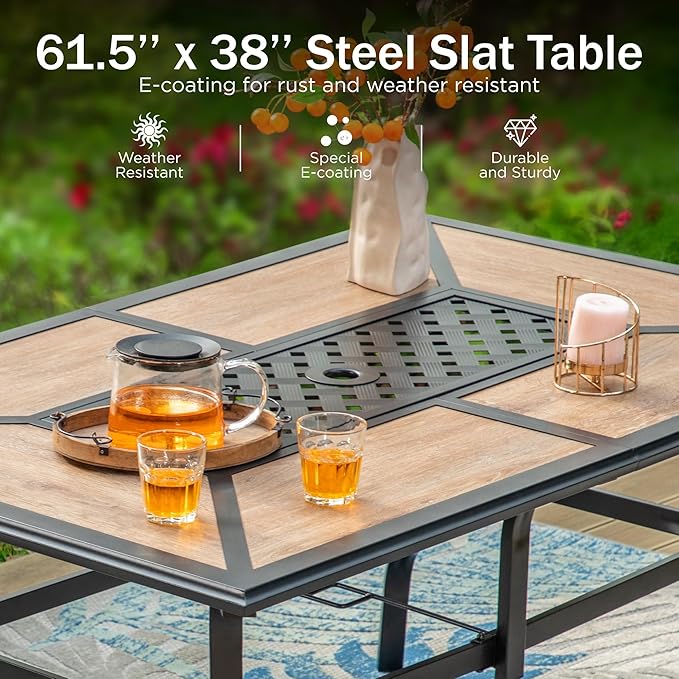 PHI VILLA 7 Piece Patio Dining Set, 6 Swivel Patio Chairs with Textilene Mesh Fabric & Rectangular Wooden-Like Dining Table(1.6" Umbrella Hole), All Weather Patio Chairs and Table Set for Deck (Grey)