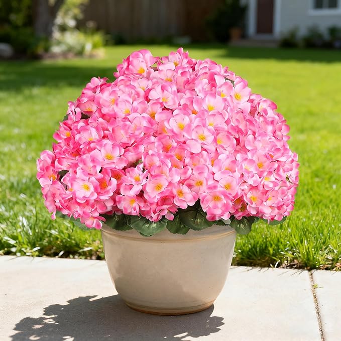 Artificial Geraniums Flowers for Outdoors, 6 Bundles Realistic Silk Fake Geranium, No Fade Faux Plants for Hanging Baskets, Window Boxes, Pots - Porch, Patio, Garden Decor(Pink)