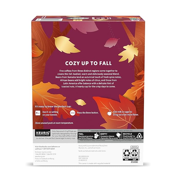 Starbucks K-Cup Coffee Pods, Medium Roast Coffee for Keurig Coffee Makers, Fall Blend, 100% Arabica, Limited Edition, 6 Boxes (60 Pods Total)