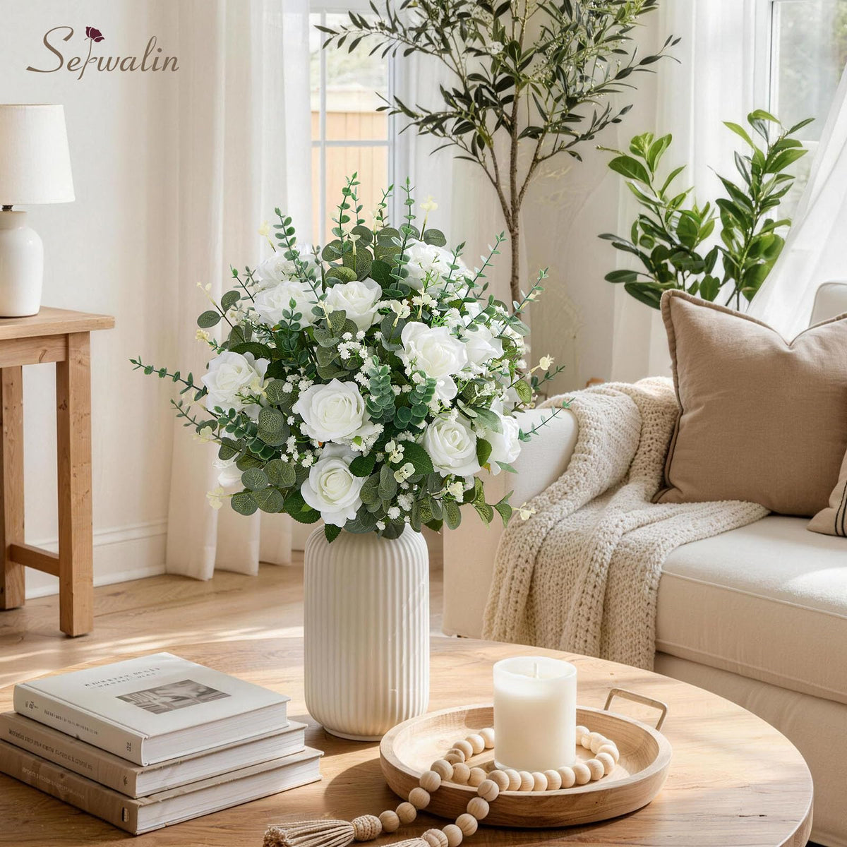 Serwalin 120 Pcs Mixed Eucalyptus Greenery Stems, White Roses, Babys Breath