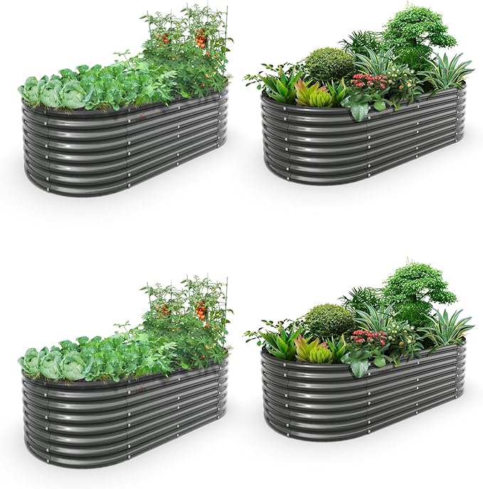 A ANLEOLIFE 4-Pack 6X3X2ft & 8X4X2ft Deep Root Galvanized Raised Garden Beds Outdoor for Planting Vegetables Flowers Herb, Quartz Grey