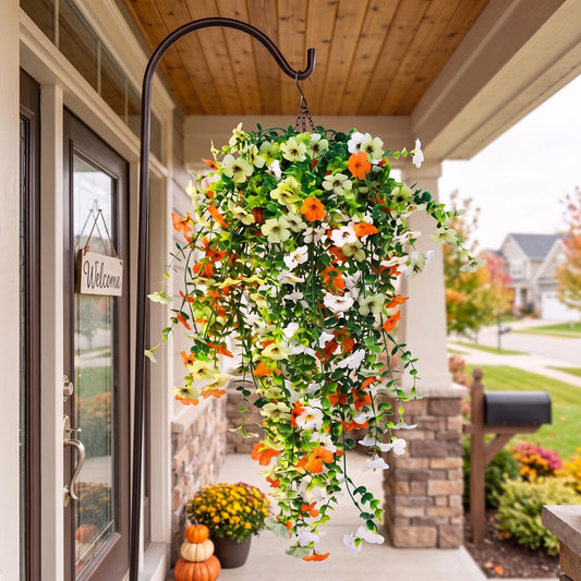 FineCheer 6 Pcs Fall Artificial Hanging Flowers Outdoor, Beige,Green Orange