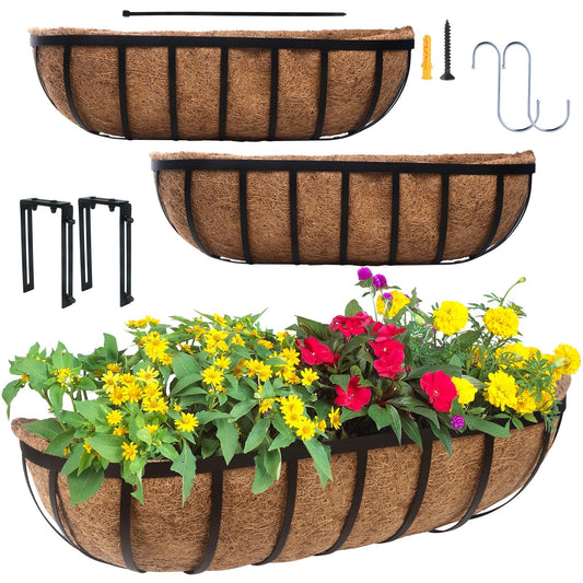 DUNCHATY 24 Inch Railing Planter 3 Pack - Adjustable Metal Window Box Planter with Coco Liner for Deck Balcony Porch Fence - Outdoor Hanging Flower Basket for Herbs & Flowers