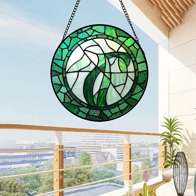 QZQCBLC Stained Glass Window Hanging Abstract Green Plants 7.8" - Suncatcher Door Garden Sun Catcher Home Ireland Decor Birthday Mother's St Patrick's Day Gifts for Mom Men Woman Wife Friends