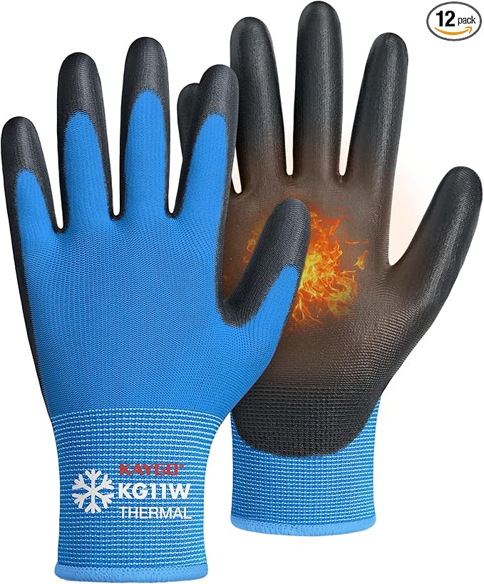 KAYGO Winter Work Gloves for Men and Women, 12 Pairs Thermal Insulated Safety Work Gloves PU Coated, Smooth Grip on Palm & Fingers,Ideal for Freezer Work,Blue,XL