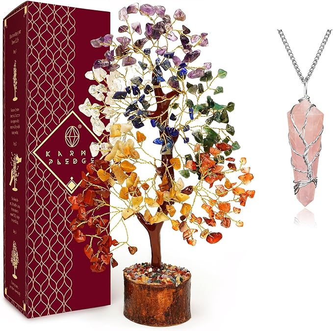 7 Chakra Healing Crystal Tree with Rose Quartz Crystal Necklaces Gifts for Women, Positive Energy, Wealth, Success, Meditation, Home & Office Decor, Spiritual Birthday Gifts for Mom and Loved one,