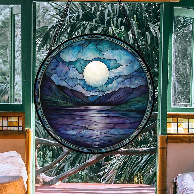 Stained Glass Window Hanging, Blue Night Moon Lake Sun Catchers Colorful Glass Panel Landscape Suncatcher Decor for Birthday for Women, Men, Wife, Aunt, and Mom 14.9x14.9 in