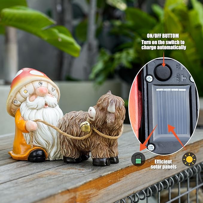 Solar Garden Gnome Statue with Highland Cow – Mushroom Hat with LED Lights, Funny Yard Decor for Outdoor Lawn, Patio, Porch or Pathway