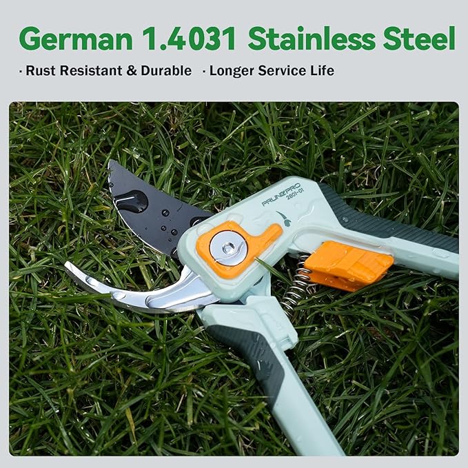 PrunePro 8" Professional Pruning Shears for Gardening Bypass Hand Pruner Stainless Steel Sharp Garden Scissors Plant Flower Rose Garden Clipper Green & Orange