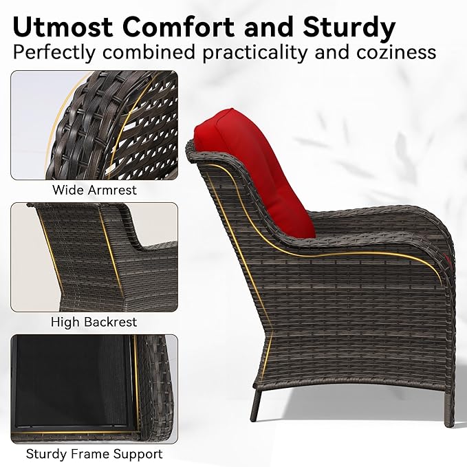 5 Piece Outdoor Wicker Patio Furniture Set, Patio Chairs Set with Thickened Olefin Cushions, High Back and Deep Seating, Hand-Woven PE Rattan, Ottoman for Porch, Deck