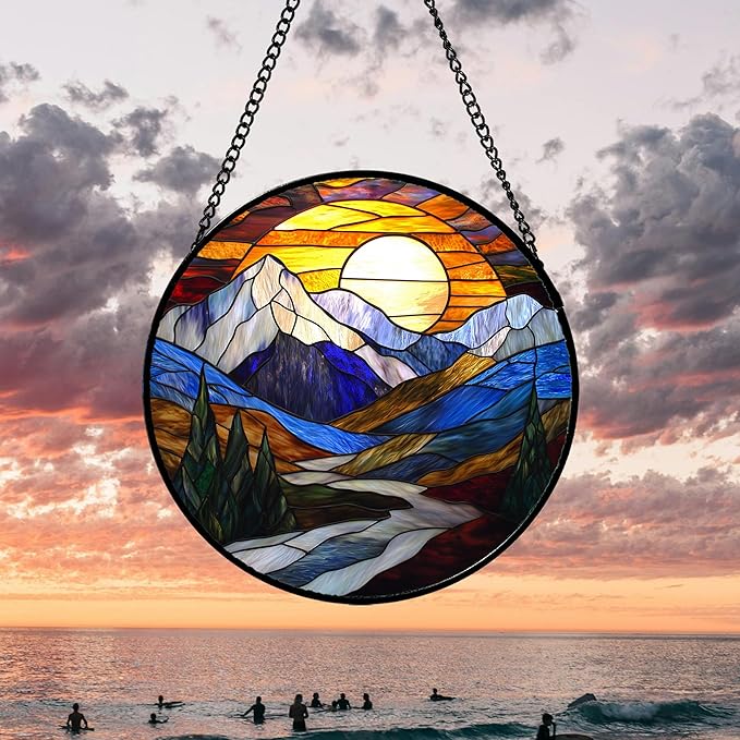 Stained Glass Window Hanging, Yellow Blue Sunset Mountains Scenery Sun Catcher for Window Home Decor Landscape Suncatcher Mother's Day Birthday Gifts for Women Men Mom and Nana 11.8 in