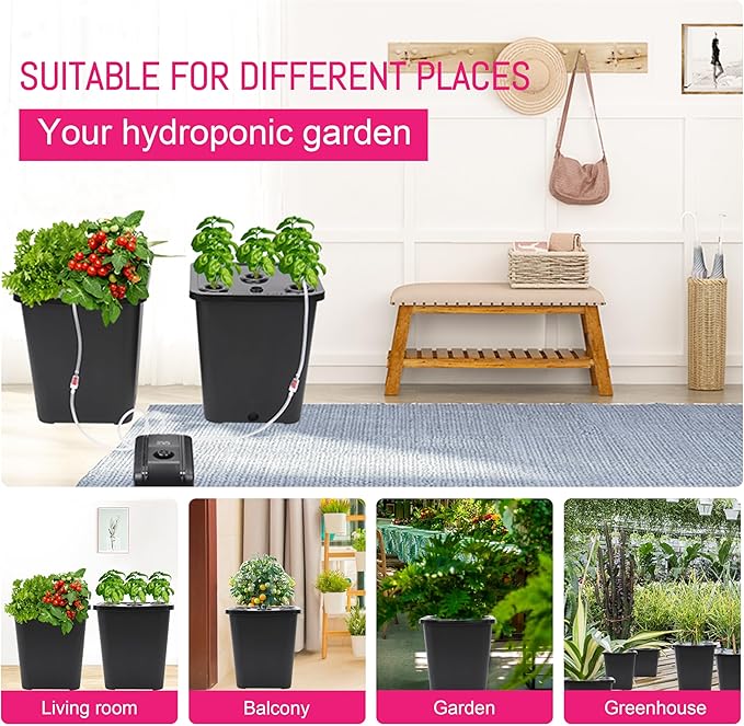 DWC 2 Hydroponic Buckets Kit for Plants, Hydroponics Growing System for Herbs/Tomato/Vegetables, DWC System with Air Pump & Germination Tray (Complete Indoor Hydroponic Gardening Supplies) (Black)