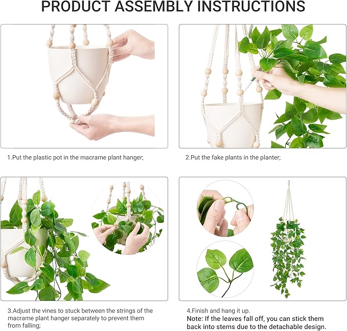 Mkono Fake Hanging Plant with Pot, Artificial Plants for Home Decor Indoor Macrame Plant Hanger with Fake Vines Greenery for Bedroom Bathroom Kitchen Office Decor, Ivory (Pothos)