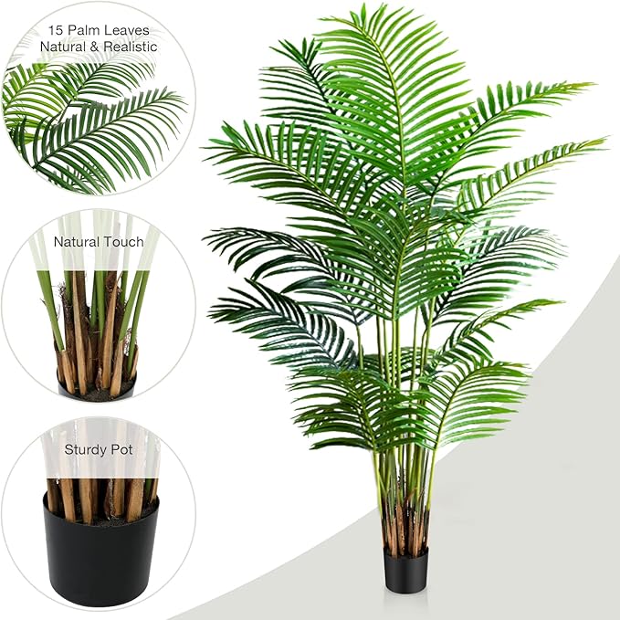Worth Garden 6ft Artificial Areca Palm Plant 2 Packs in Pot, Fake Cane Palm Silk Tree Indoor Outdoor, Dypsis Lutescens, 70in Lifelike Faux Silk Plant Home Decor, Black Pot & 20g Dried Moss Included
