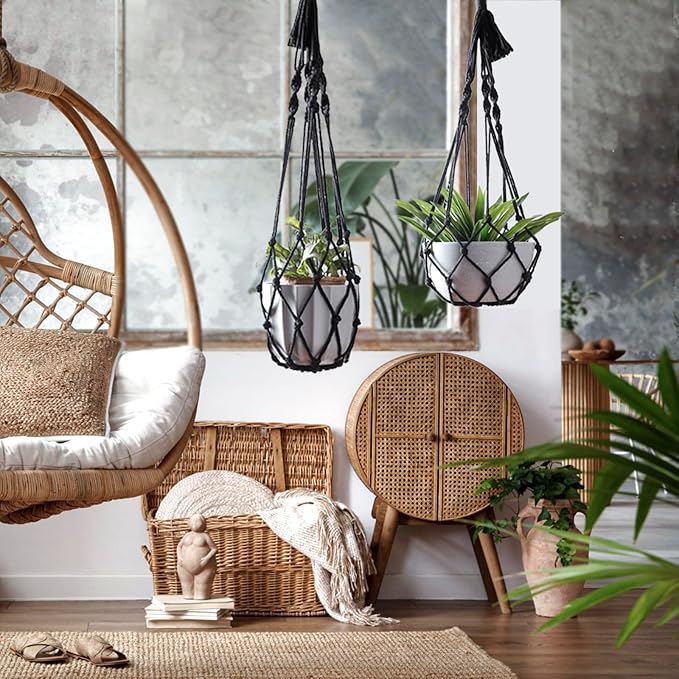 Artilady Black Plant Hanger Macrame Hanging Planter for Indoor Boho Plants Holder with Hooks Hanging Plant Basket Outdoor Window Wall Plants Home Decor (Black Macrame)