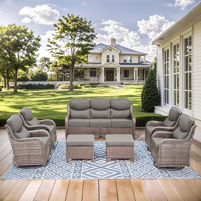 HUMMUH 7 Pieces Wicker Patio Furniture Set with Patio Swivel Chairs Set of 4,High Back Outdoor Sofa Ottomans,6 Inch Thick Cushions Outdoor Conversation Set for Porch, Balcony, Deck