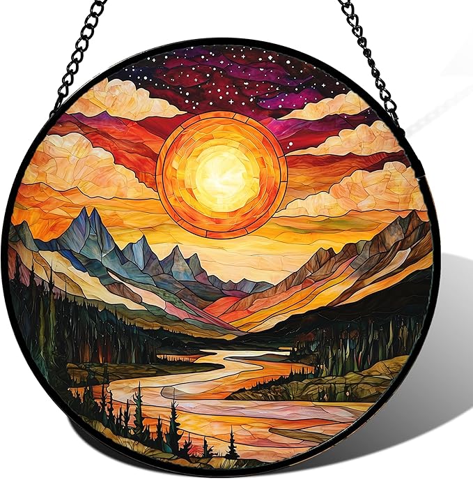 Stained Glass Window Hanging, Dusk Sunset Landscape Sun Catchers Glass Panel Lakes and Mountains Suncatcher Decor for Birthday for Women, Men, Wife, Aunt, and Mom 14.9 in