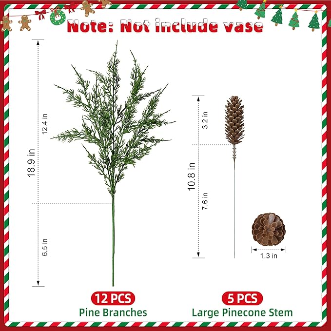 Cedar Stems Artificial Norfolk Pine Branches for Christmas Decor, 12 PCS Fake Pine Stems with 5 PCS Big Pine Cones Branches Realistic Fake Plants Faux Greenery for Vases DIY Garland Xmas Table Indoor