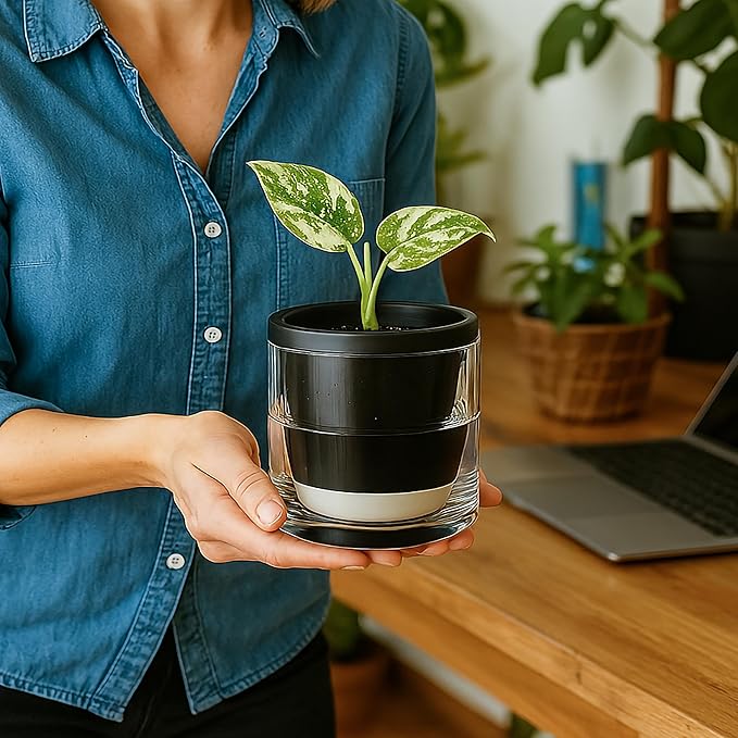 D'vine Dev 4 Inch Design Self Watering Planter for Indoor Plants, Black Terracotta Pot with Cylinder Glass Cup, Set of 2, 37-Y-A-3