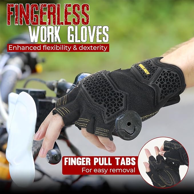 HANDLANDY Fingerless Work Gloves for Men, Padded Impact Tactical Mechanics Gloves, Grip Utility Trucker Driver Gloves (Black- impact, Large (Pack of 1))