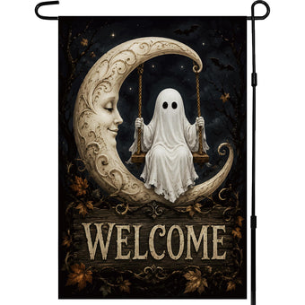 Halloween Decorations - Ghost Swinging on Moon Welcome Garden Flag
