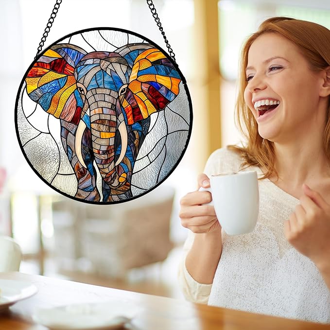 AMDERVEN Stained Glass Window Hanging, Colorful Elephant Sun Catcher for Door Home Decor Animal Suncatcher Christmas Mother's Day Birthday Gifts for Women Men Mom and Nana 15 in
