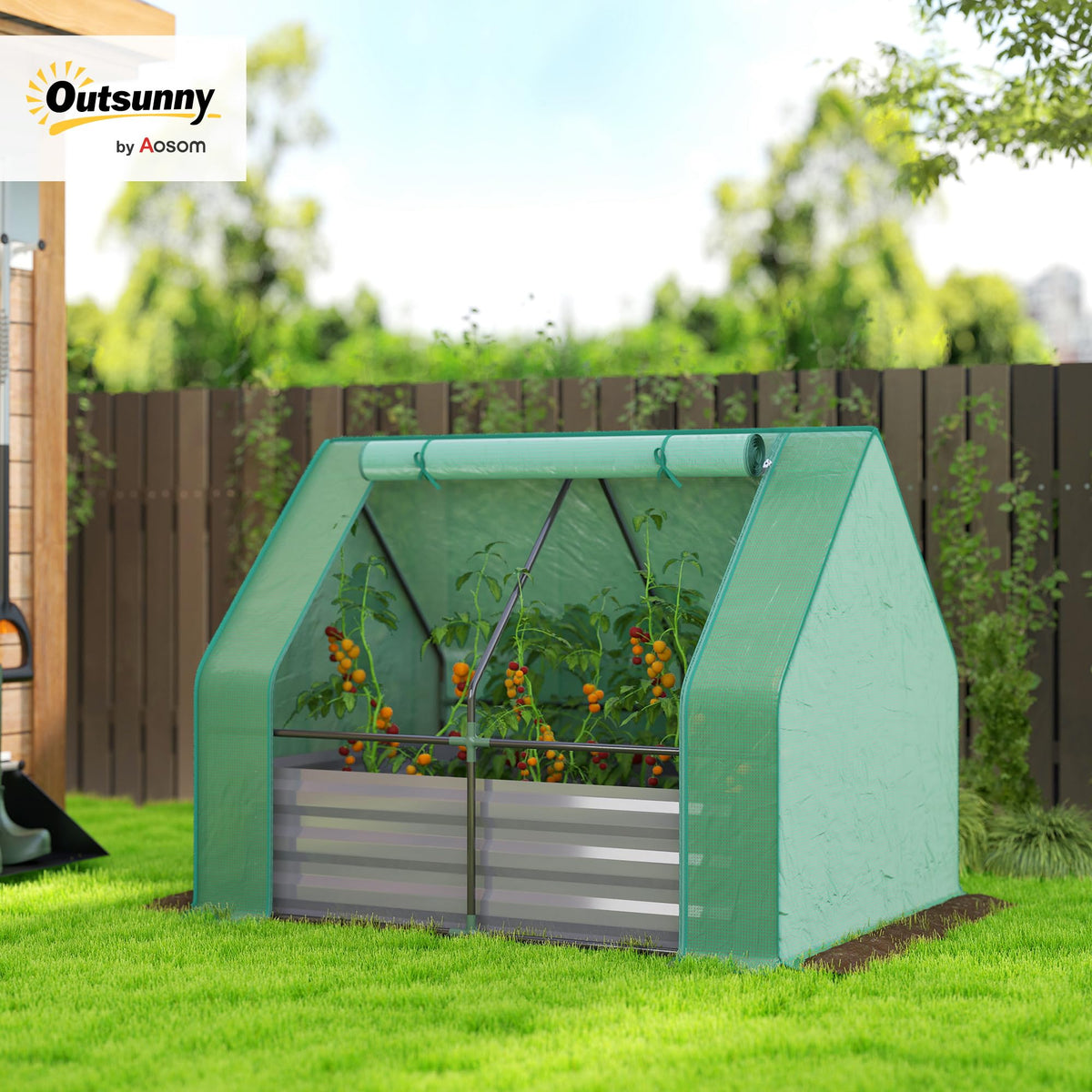 Outsunny 4 x 3ft Metal Planter Box with Mini Greenhouse, Green/Dark Gray