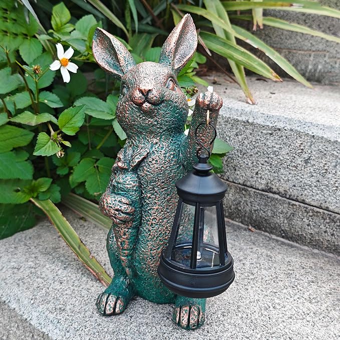 Solar Garden Statues -Rabbit Lantern Outdoor Handmade Resin Statue with LED Light, Cute Carrot Holder for Patio, Yard, Gift Ideas (rabbit2)