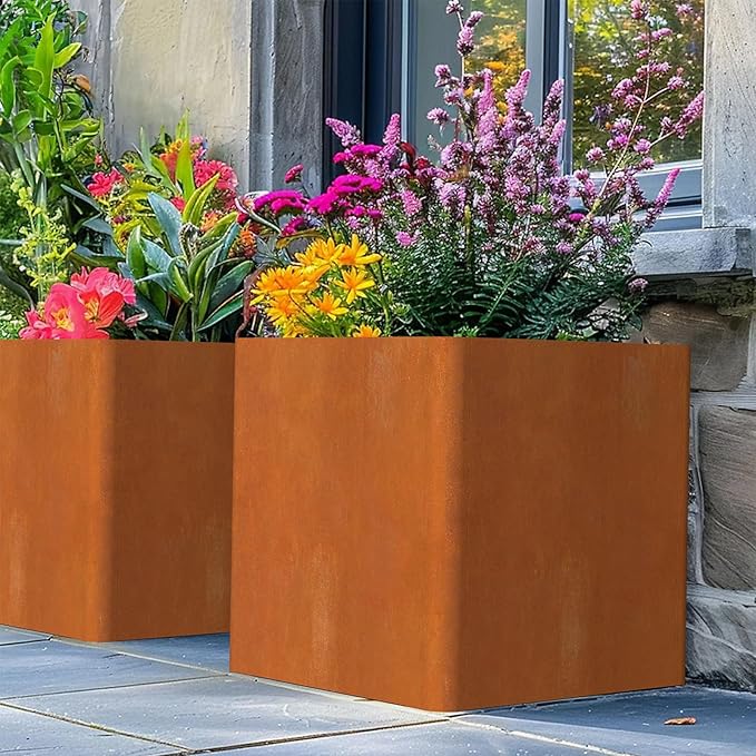 Corten Steel Planter Box 24"x24"x25", Large Square Metal Planter Indoor&Outdoor, Large Cube Planters with Drainage Hole for Porch/Patio/Garden