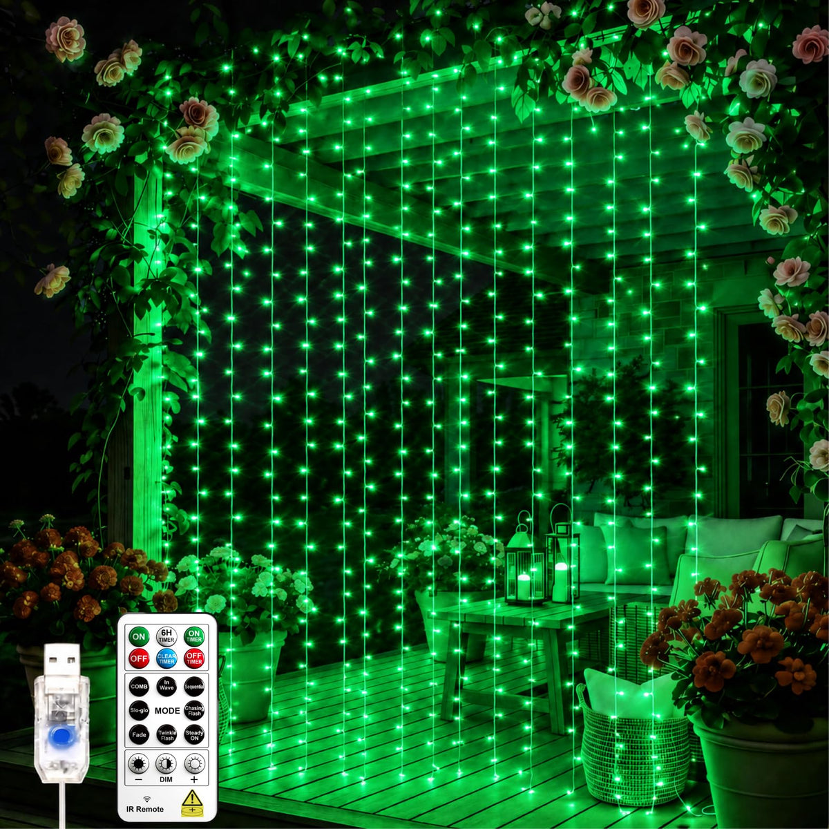 SINAMER Curtain String Light, 200LED 6.6x6.6ft, Remote & 8 Modes, USB