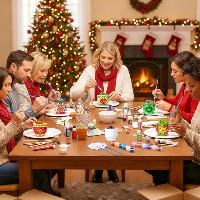 Pasimy 6 Set Ceramics to Paint DIY Ceramic Succulent Planter Pots Paint Your Own Flower Pots Craft Kit Unpainted Bisque Flowerpot with Brush Palette for Family Activity Holiday Gifts(Holly Leaf)