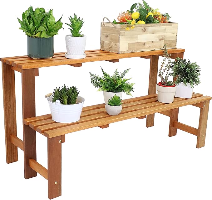 Sunnydaze 2-Tier Meranti Outdoor Wood Plant Stand - Indoor Plant Bench with Teak Oil Finish - 24-Inch