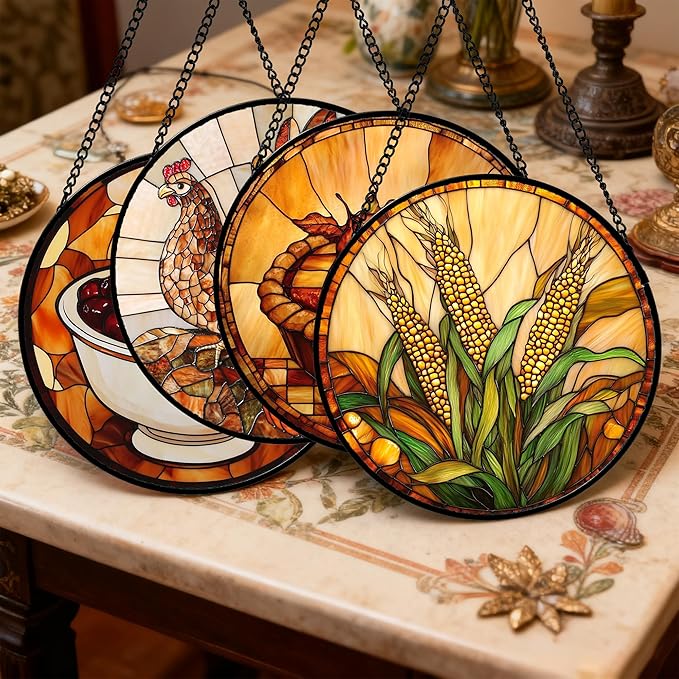 AMDERVEN Stained Glass Window Hanging 4 Pcs Set Brown Turkey Berry Corn 7.8" - Suncatcher Door Garden Sun Catcher Decor Birthday Thanksgiving Mother's Day for Mom Woman Nana Men