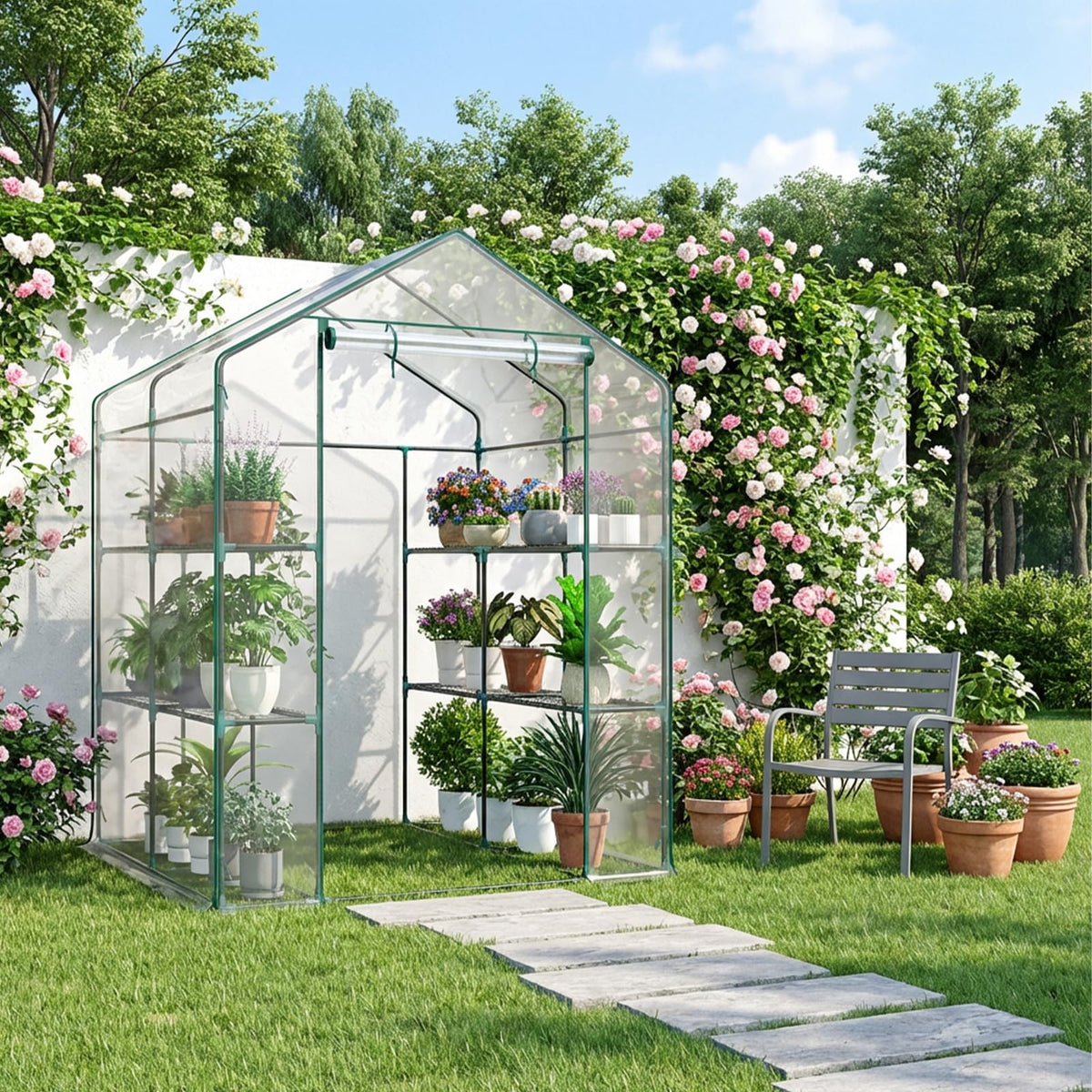 Sweetcrispy 56"x56"x77" Outdoor Greenhouse, with 2 Tier 8 Plant Shelves