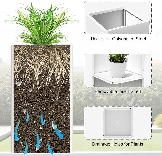 Galvanized Steel Metal Planter, 26 Inch White Square Outdoor Planters with Removable Insert Shelf and Drain Holes, Heavy Duty Flower Pot Modern Commercial Residential for Trees Patio Deck Yard Garden