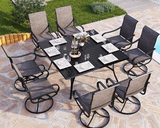 PHI VILLA 9 Pcs Patio Dining Set with Large Square Metal Dining Table & 8 Outdoor Textilene Fabric Swivel Dining Chairs, Outside Table Chair Furniture Dining Set for 8 Person